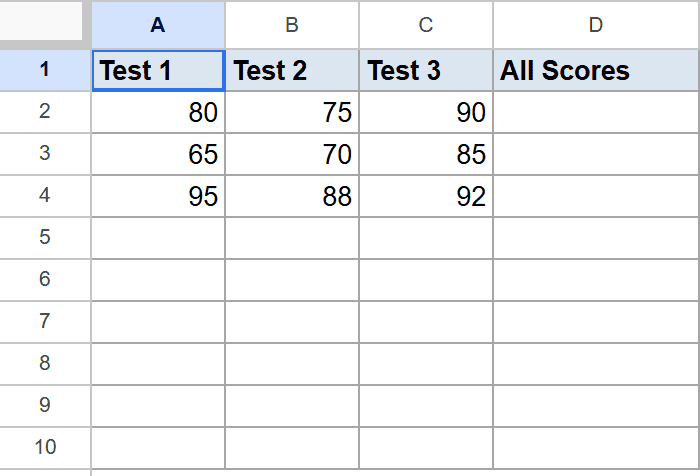 Google Sheet: Test 1, Test 2, Test 3 scores with an empty All Scores column.