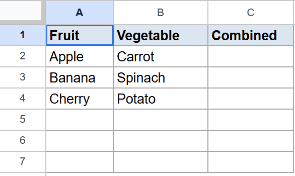 Google Sheets: 'Fruit' and 'Vegetable' columns with items, 'Combined' column awaiting flattened data.