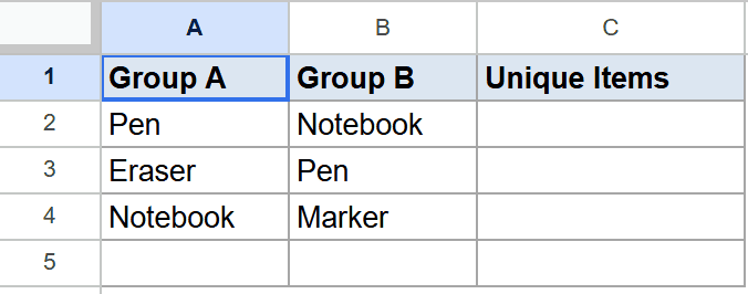Google Sheet with stationery items in 'Group A' and 'Group B', and a 'Unique Items' header.