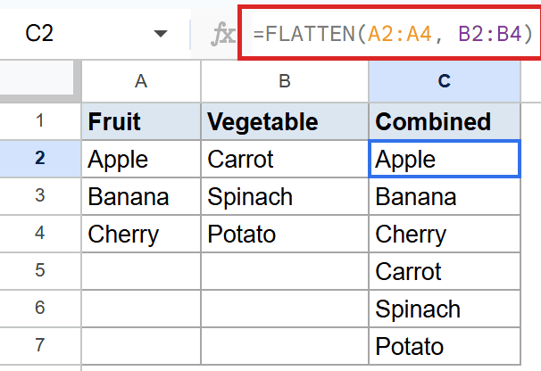 Sheets formula bar shows =FLATTEN(A2:A4, B2:B4) collapsing ranges into column C.