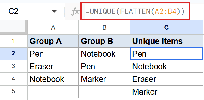 Google Sheets with `=UNIQUE(FLATTEN(A2:B4))` in C2, showing unique flattened items.