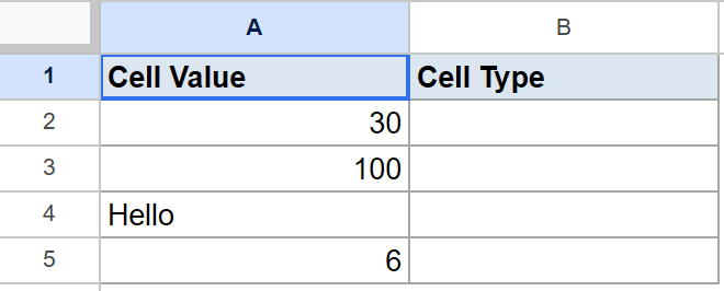 Google Sheet: selected 'Cell Value' header and data 30, 100, 'Hello', 6 below.