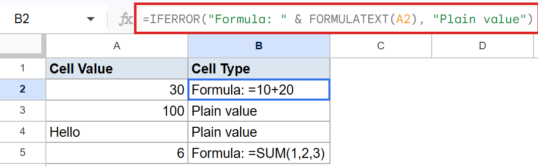 Google Sheets: B2 shows formula `=IFERROR(FORMULATEXT(A2))` and result "Formula: =10+20".