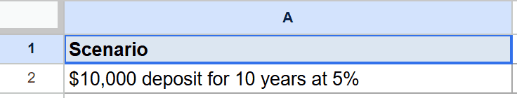 Google Sheet with Scenario header and '$10,000 deposit for 10 years at 5%'.