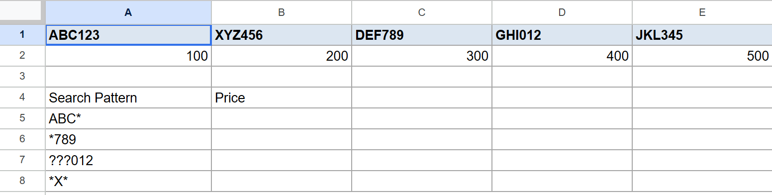 Google Sheets HLOOKUP data: header codes, corresponding values, and wildcard search patterns.