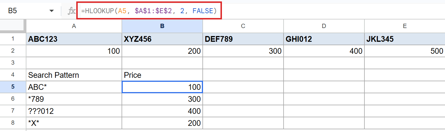 Google Sheets HLOOKUP formula `=HLOOKUP(A5, $A$1:$E$2, 2, FALSE)` in B5 returns 100.
