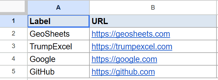Google Sheets: example dataset with 'Label' text and clickable 'URL' links.