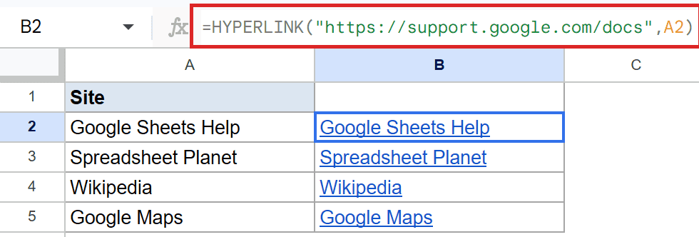 Google Sheets: HYPERLINK formula in B2 creates clickable text from cell A2.