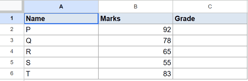 Google Sheets dataset with Name, Marks, and an empty Grade column.