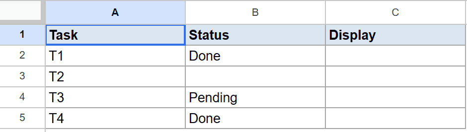 Google Sheets dataset: 'Task', 'Status', and empty 'Display' columns for IF tutorial.