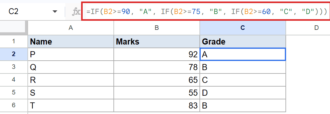 Google Sheets: a nested IF formula in the formula bar calculates grades from marks.