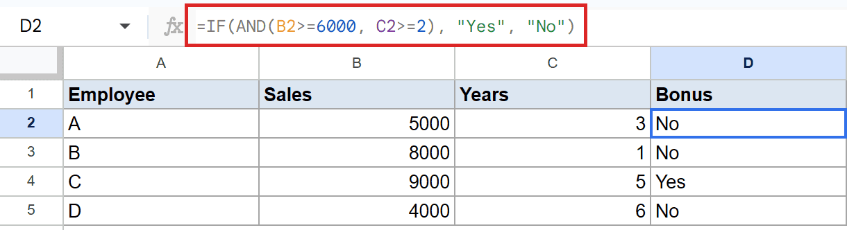 Sheets cell D2 shows the formula =IF(AND(B2>=6000, C2>=2), "Yes", "No").