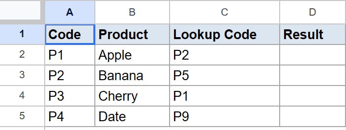 Google Sheets data with Code, Product, Lookup Code columns and an empty Result column.