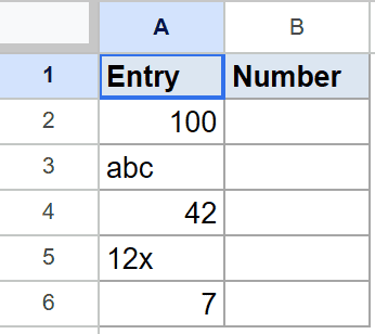 Google Sheets: 'Entry' and 'Number' columns, Entry column contains mixed numbers and text.