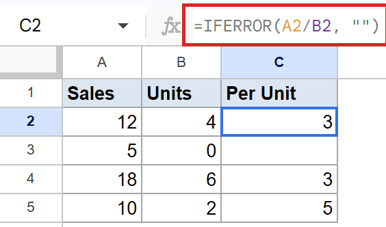 Google Sheets: Formula bar shows `=IFERROR(A2/B2, "")` for C2, displaying 3.