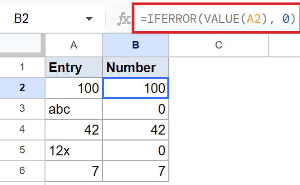 Google Sheets: Cell B2 selected, formula bar shows `=IFERROR(VALUE(A2), 0)`.