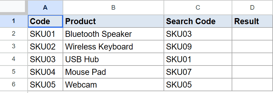 Google Sheets with Code, Product, Search Code data, and an empty Result column.