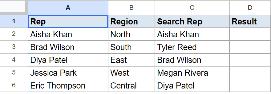 Google Sheets Example 3 dataset: Rep, Region, Search Rep, empty Result column.