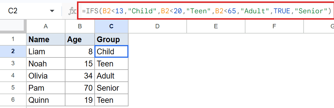 Google Sheets: IFS formula in C2 calculates age groups (Child, Teen, Adult, Senior).