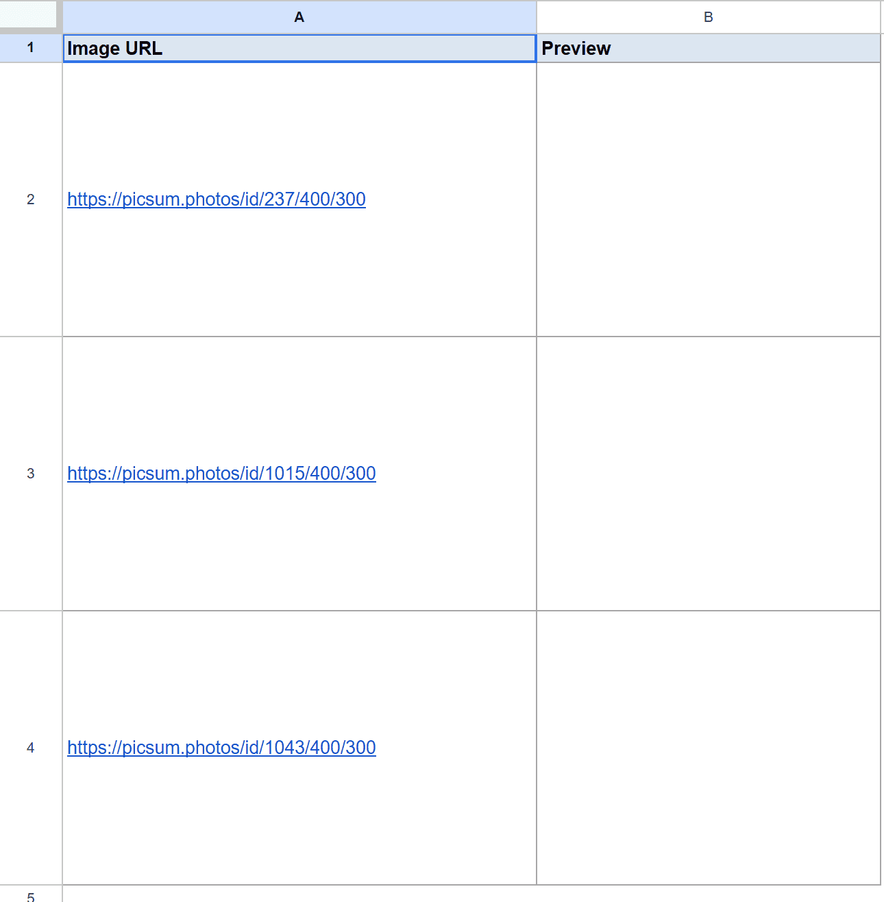 Google Sheet: 'Image URL' column contains URLs, 'Preview' column B is empty.