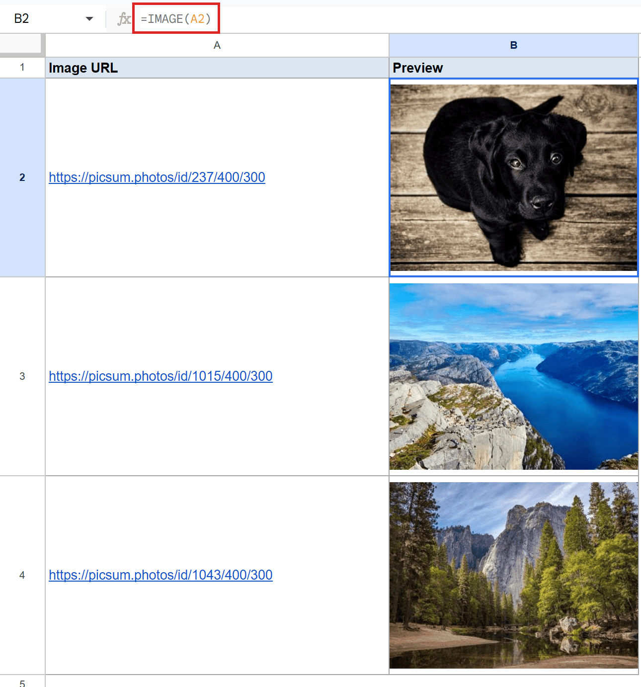 Google Sheets: `=IMAGE(A2)` formula in B2 displays a puppy image from a URL.