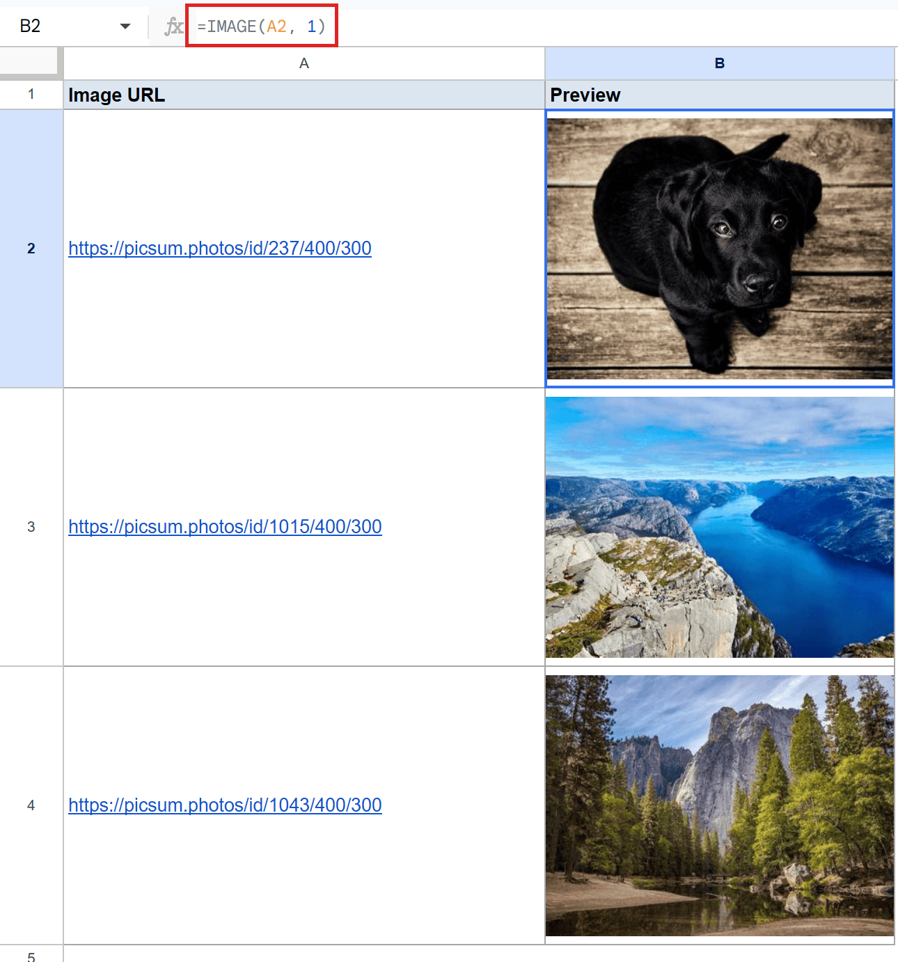 Google Sheets: Formula bar shows `=IMAGE(A2, 1)` for B2, creating a black puppy.