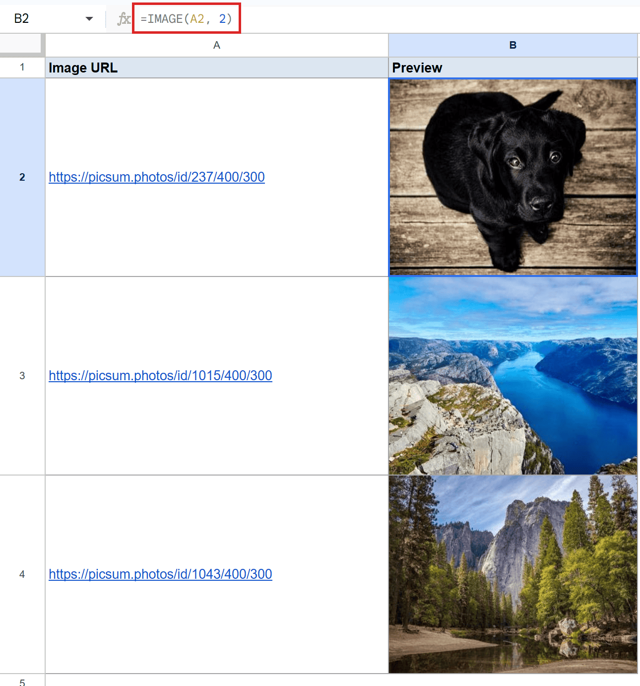 Google Sheet: highlighted `=IMAGE(A2, 2)` formula for B2 displays a black puppy.