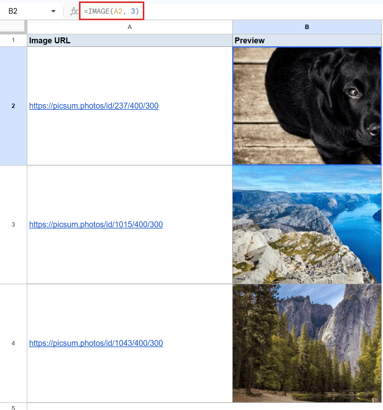 Google Sheets: `=IMAGE(A2, 3)` in B2 displays a black lab puppy image.