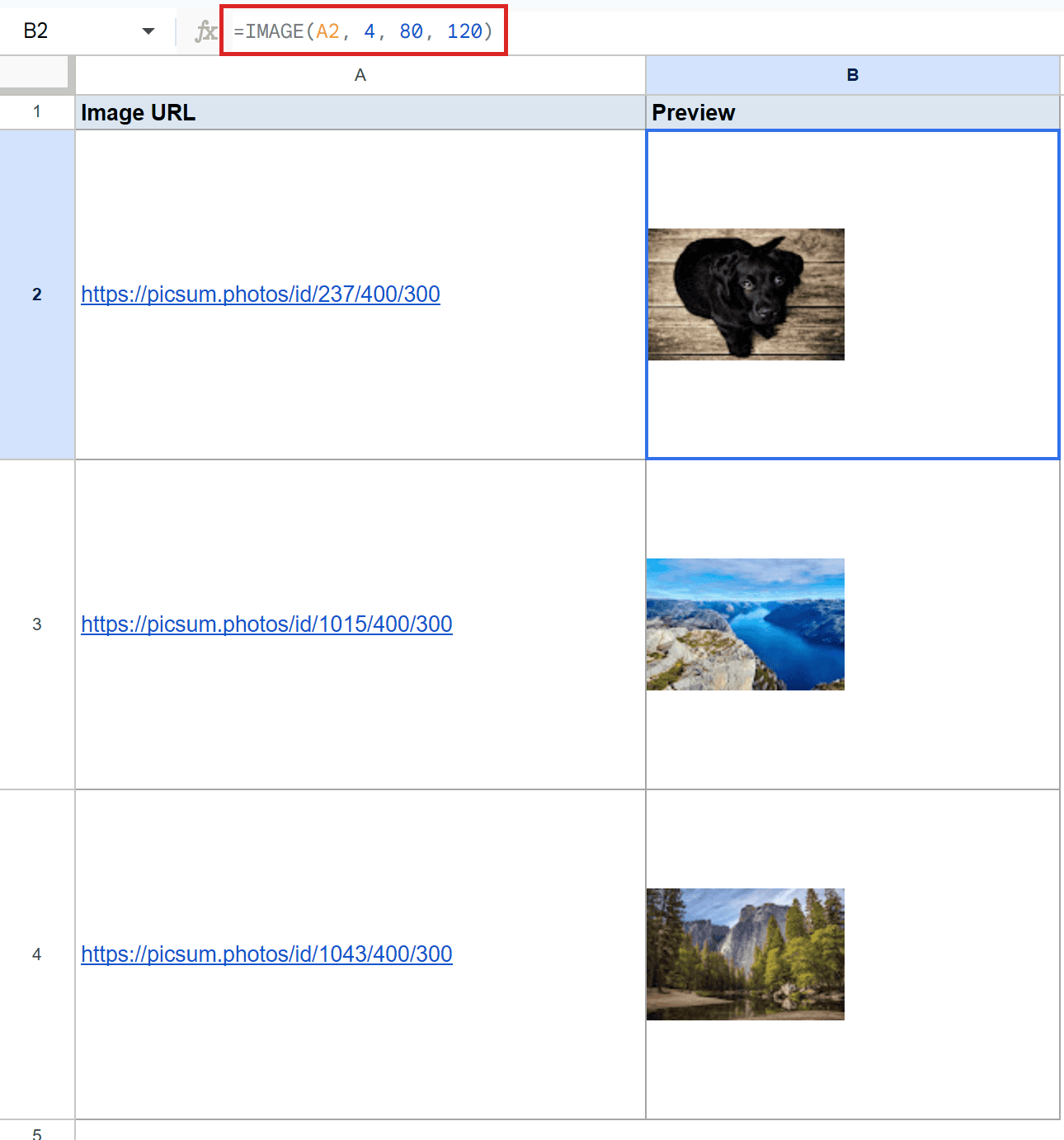 Google Sheets: formula bar displays IMAGE(A2, 4, 80, 120) for B2, showing a black puppy.