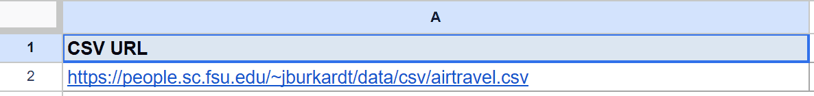 Google Sheets: Cell A1 contains 'CSV URL', Cell A2 contains an airtravel.csv link.