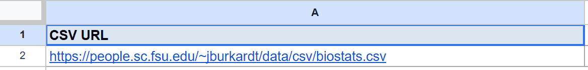 Google Sheet showing "CSV URL" in A1 and a "biostats.csv" URL in cell A2.