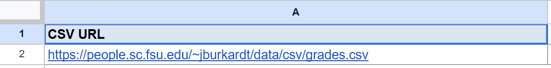 Google Sheet showing cell A1 with 'CSV URL' and A2 with a grades.csv URL.