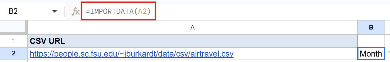 Google Sheets: Formula `=IMPORTDATA(A2)` retrieves CSV data from the URL in cell A2.