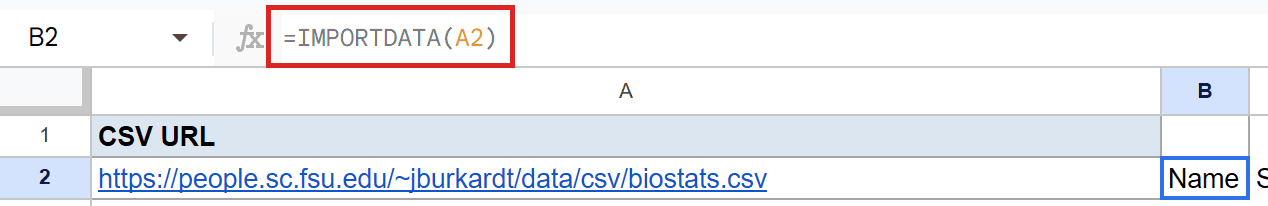 Formula =IMPORTDATA(A2) in B2 imports CSV data from A2's URL.