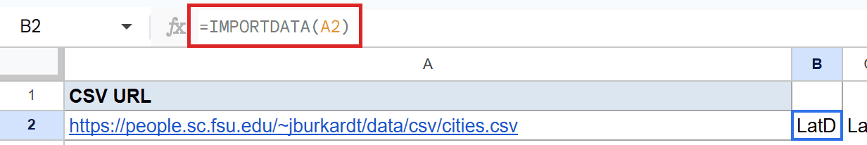Google Sheets: Cell B2 selected, formula bar shows `=IMPORTDATA(A2)` referencing the CSV URL in A2.