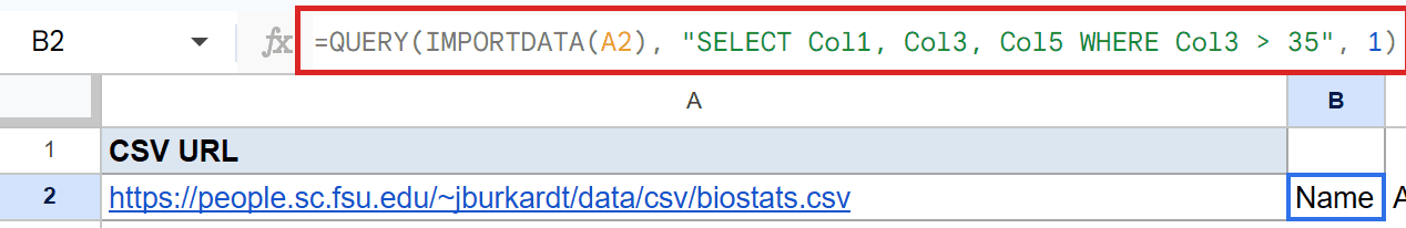 Google Sheets: cell B2 shows a QUERY and IMPORTDATA formula using a CSV URL from A2.