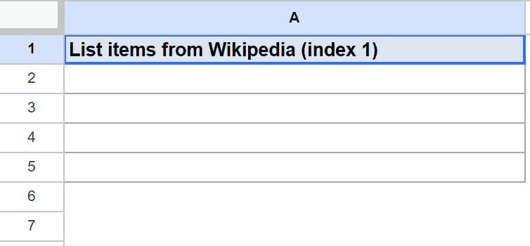 Google Sheets: Cell A1 selected, containing 'List items from Wikipedia (index 1)'.