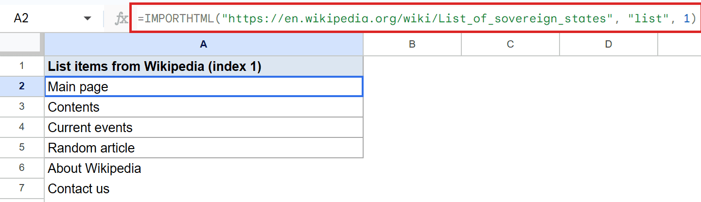 Google Sheets: IMPORTHTML formula in A2 displays a Wikipedia list.