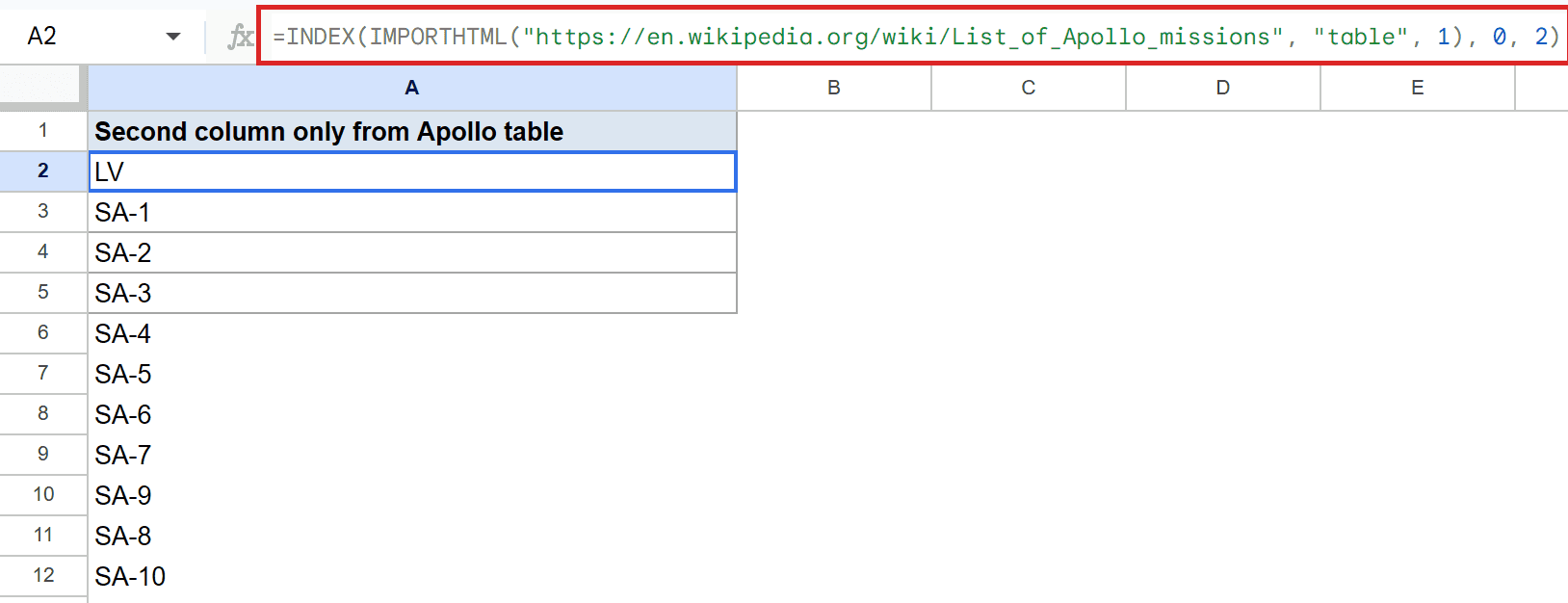 Google Sheets with IMPORTHTML formula in A2 displaying Apollo mission launch vehicles.