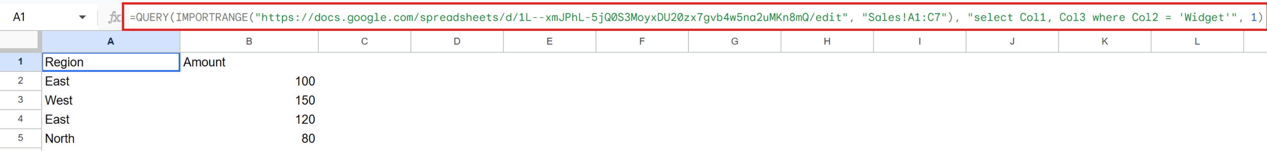 Google Sheet shows QUERY(IMPORTRANGE) formula and resulting filtered Region and Amount data.