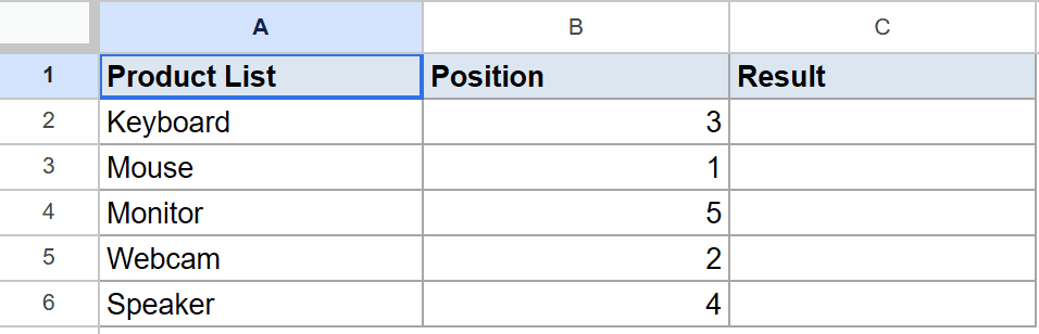 Google Sheets dataset for INDEX tutorial: Product List, Position, and empty Result column.