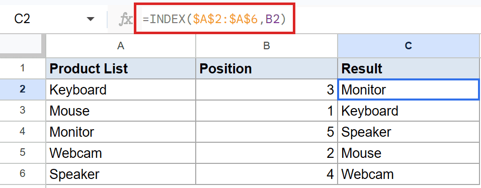 Google Sheets showing formula `=INDEX($A$2:$A$6,B2)` in cell C2, resulting in 'Monitor'.