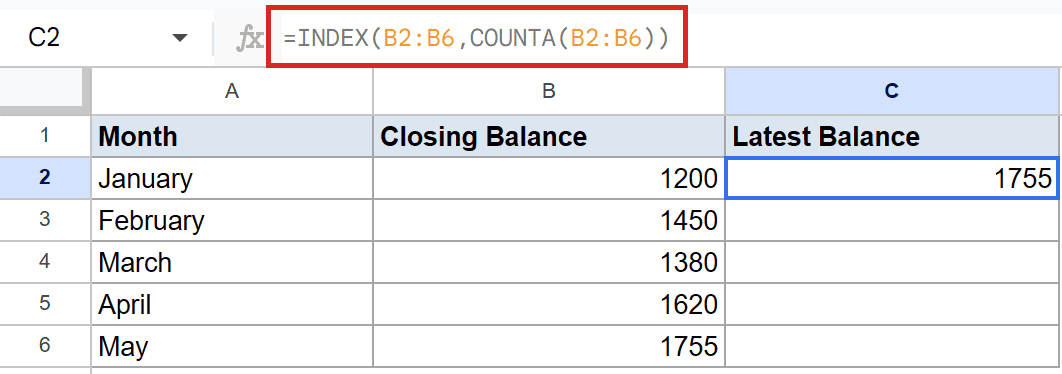 Google Sheets: Cell C2 shows 1755 from the `=INDEX(B2:B6, COUNTA(B2:B6))` formula.
