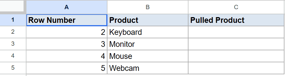 Google Sheet with "Row Number", "Product", "Pulled Product" headers and sample product data.