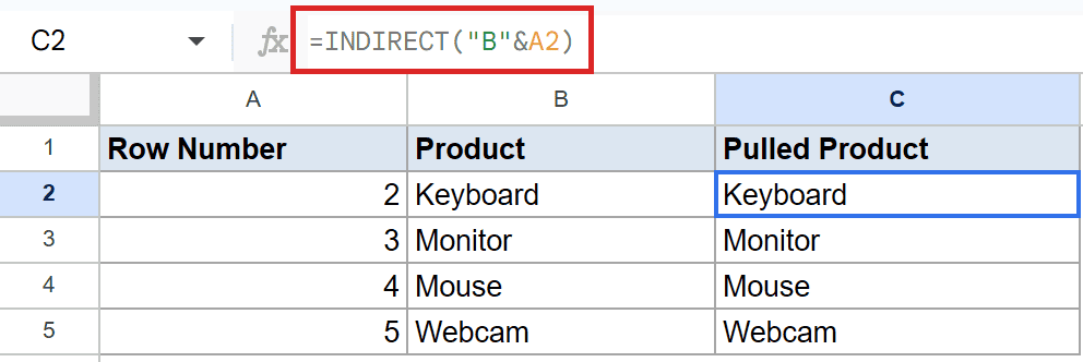 Google Sheet: Cell C2 contains 'Keyboard' from formula `=INDIRECT("B"&A2)` in the formula bar.