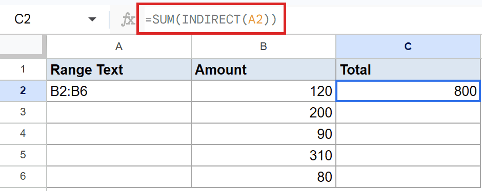 Google Sheets: Cell C2 contains 800 from `=SUM(INDIRECT(A2))` via A2's B2:B6 text.