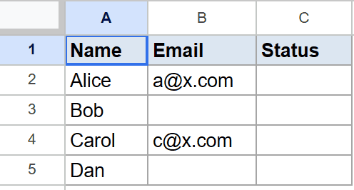 Google Sheet: Name, Email, Status headers. Empty cells visible for email and status columns.