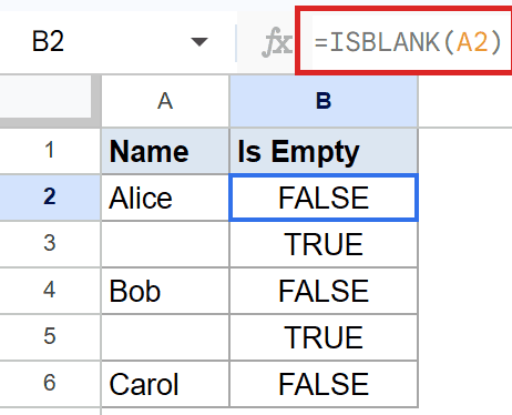 Google Sheets: Example 1 formula `=ISBLANK(A2)` in formula bar, B2 shows FALSE.