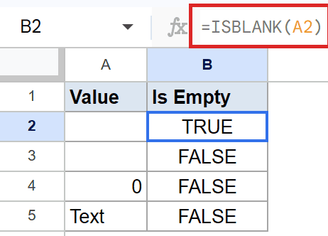 Google Sheets: The formula `=ISBLANK(A2)` in the formula bar, B2 displays TRUE.