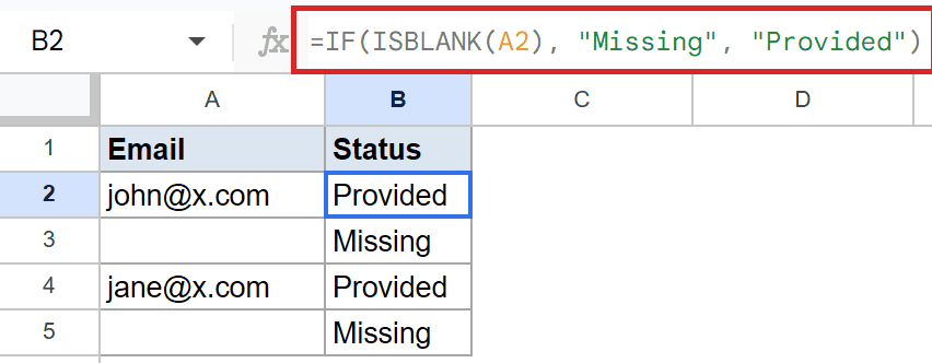 Google Sheets tutorial showing the ISBLANK formula in B2, yielding "Provided" or "Missing".
